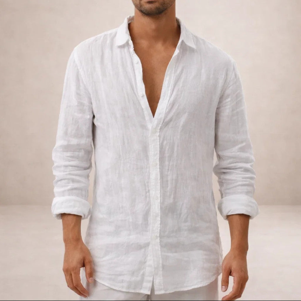 Men's Long Sleeve Open Collar Shirt | Regular Fit Linen-Style Summer Top
