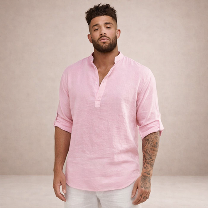 Men's Long Sleeve Stand Collar Shirt | Regular Fit Linen-Style Breathable Top