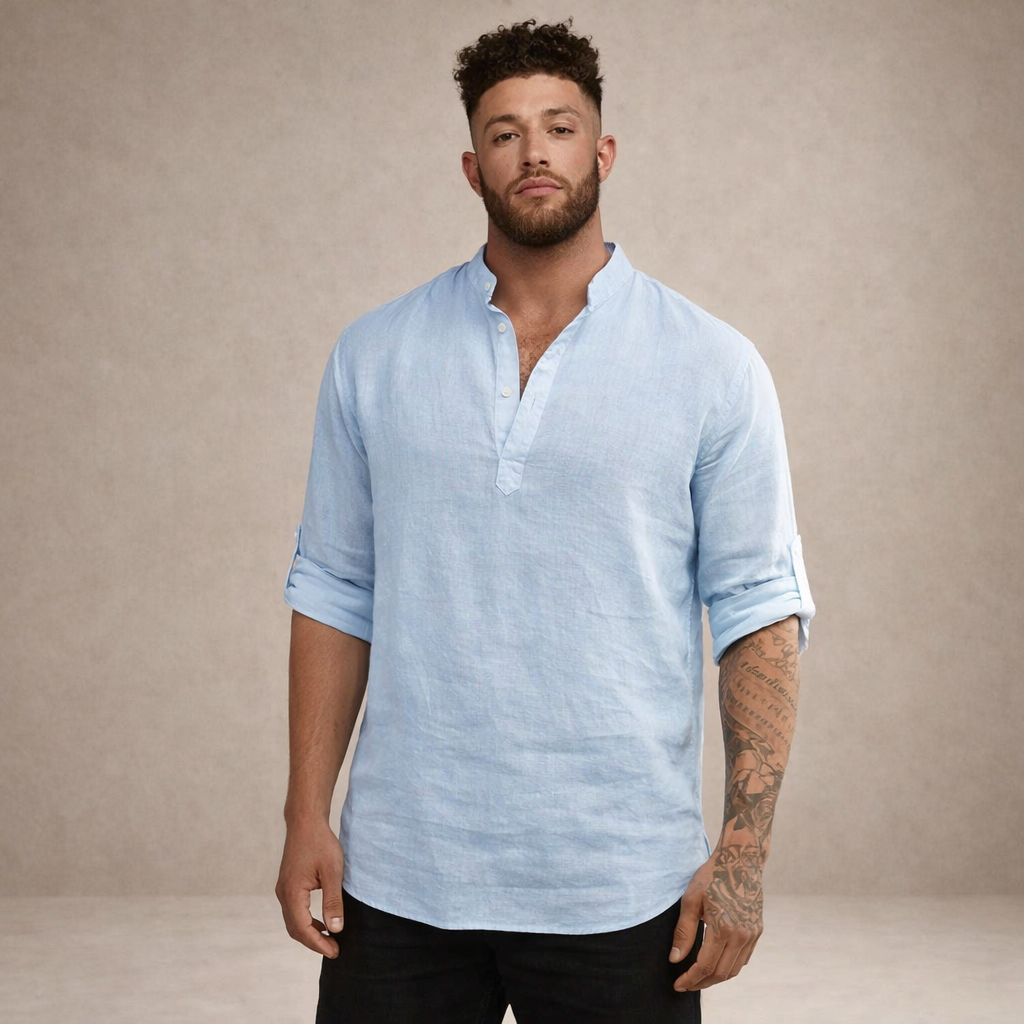 Men's Linen Shirt | Breathable Stand Collar Long Sleeve
