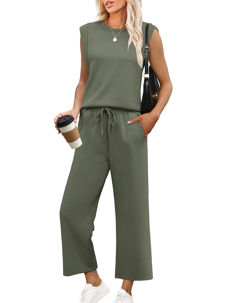 Women's Two-Piece Lounge Set | Long Sleeve Top & Wide-Leg Cropped Trousers
