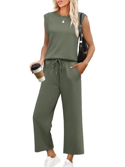 Women's Two-Piece Lounge Set | Long Sleeve Top & Wide-Leg Cropped Trousers
