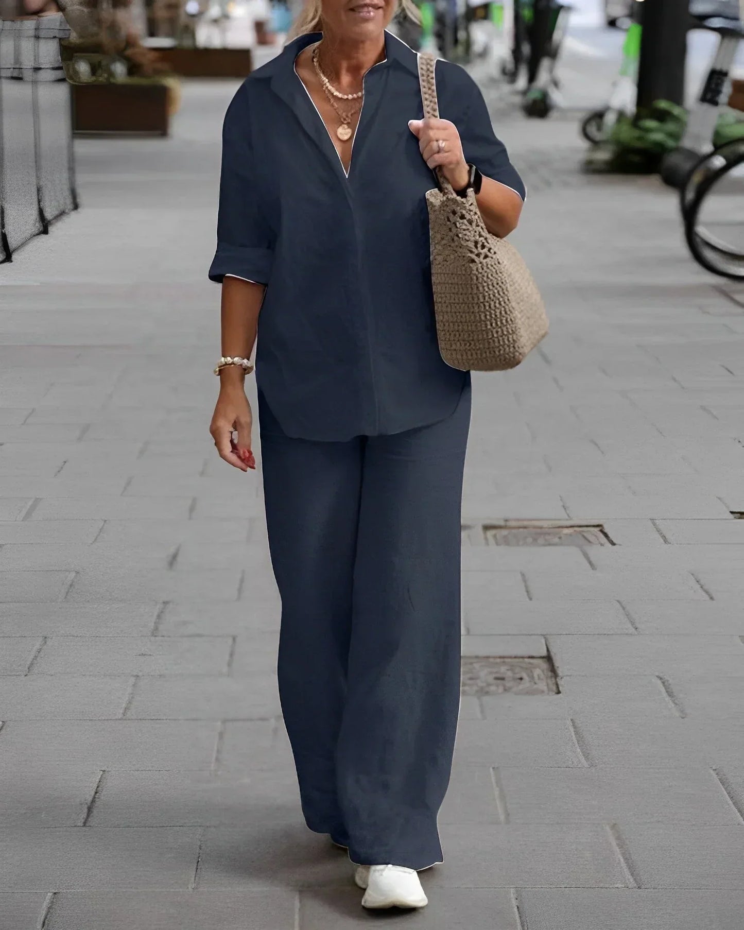 Mermaid | Women's 2-Piece Outfit with Button-Down Shirt and Wide-Leg Pants