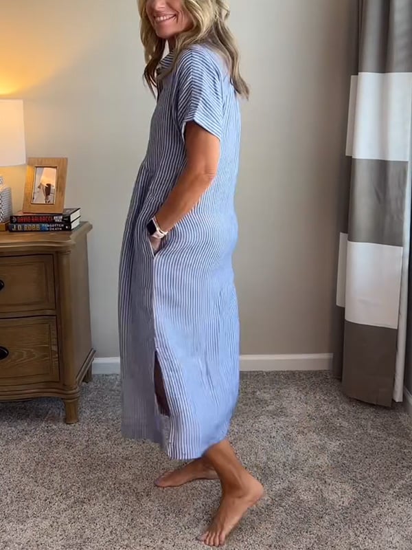 Women's Striped Maxi Shirt Dress | Button-Up Lapel Style