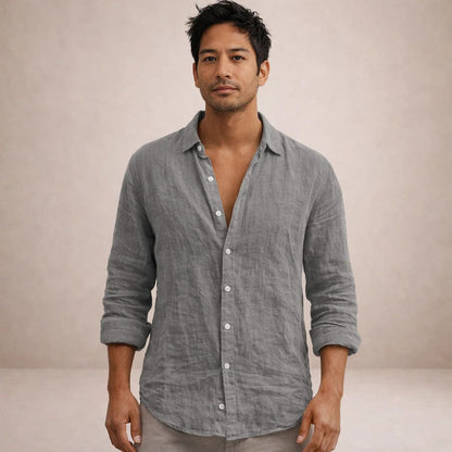 Men's Long Sleeve Open Collar Shirt | Regular Fit Linen-Style Summer Top