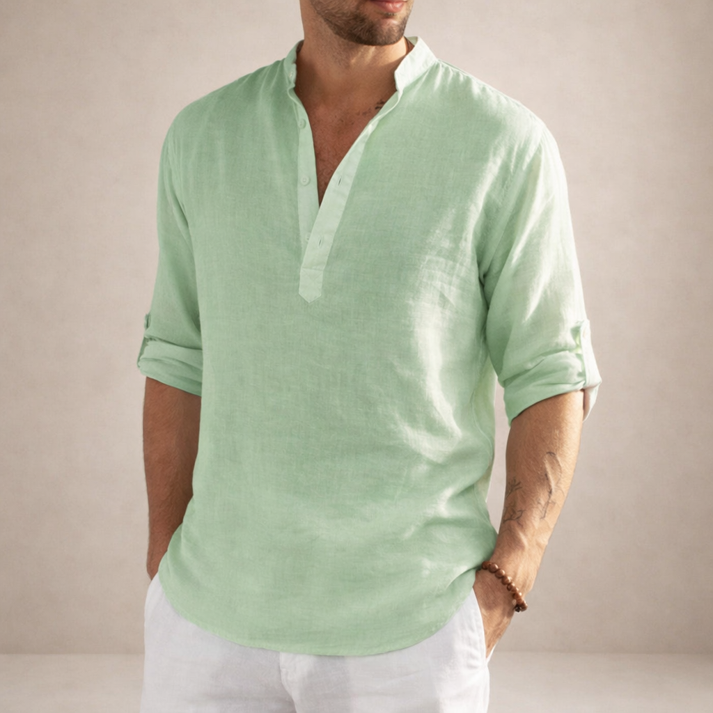 Men's Long Sleeve Stand Collar Shirt | Regular Fit Linen-Style Breathable Top