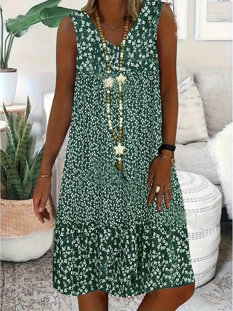 Women's Sleeveless V-Neck Summer Dress | White Floral Print
