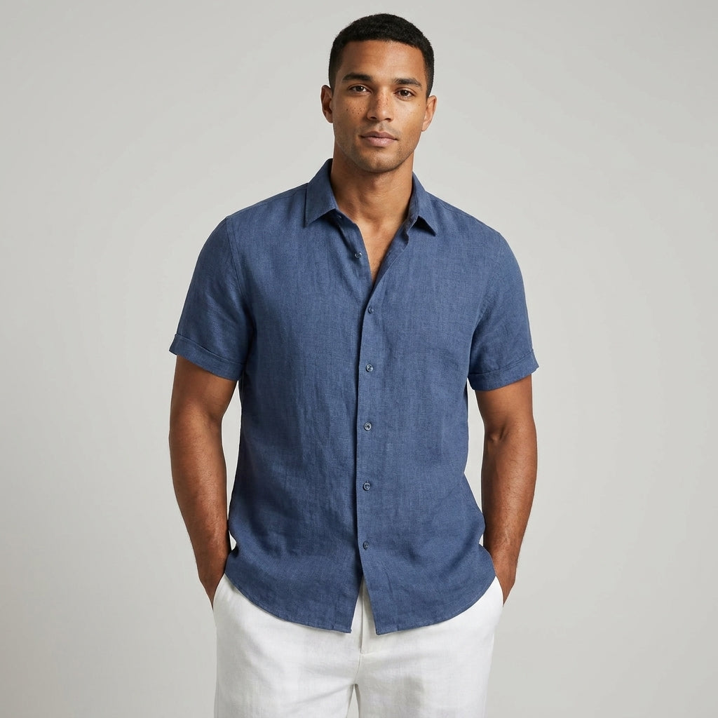 Men's Linen Style Summer Shirt | Short Sleeve Open Collar