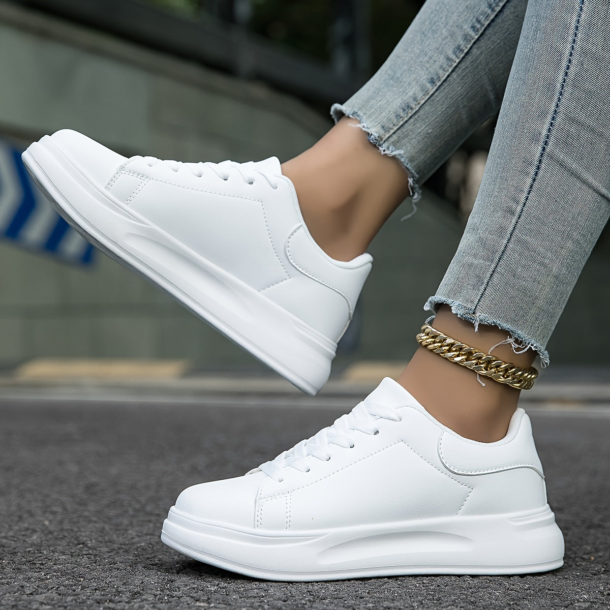 Women's Clean White Leather Style Sneakers