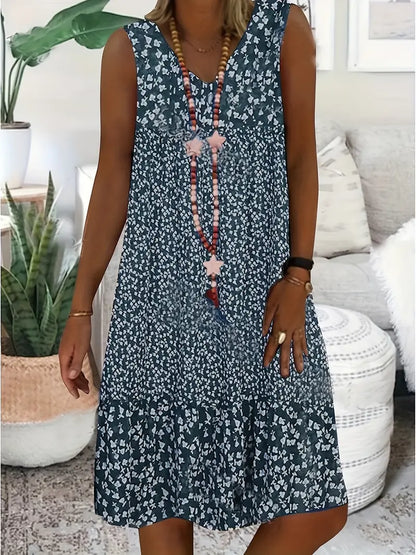 Women's Sleeveless V-Neck Summer Dress | White Floral Print