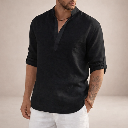 Men's Linen Shirt | Breathable Stand Collar Long Sleeve