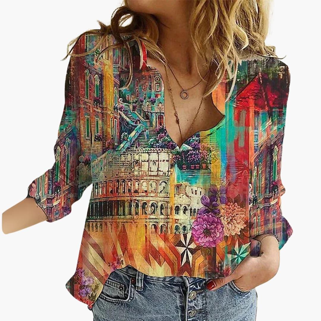 Women's Butterfly Print Blouse | V-Neck Relaxed Fit