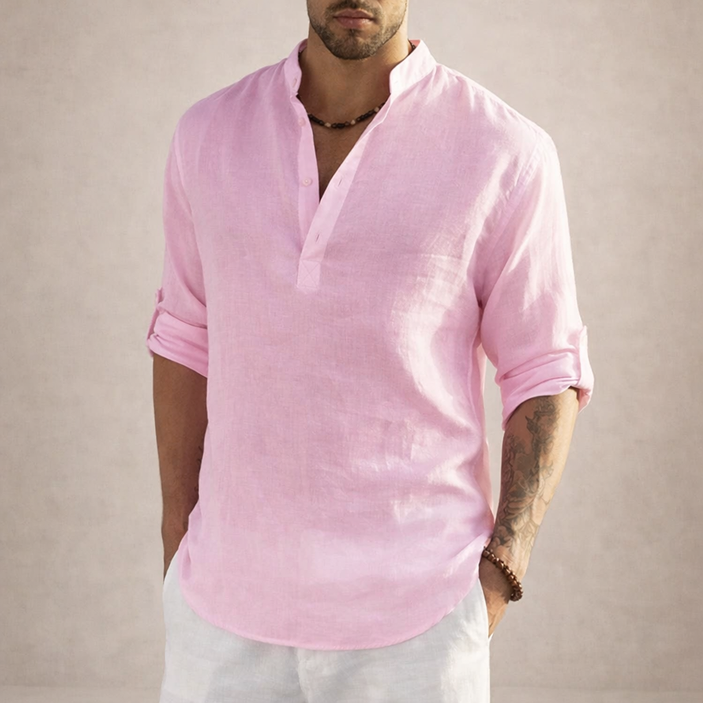 Men's Linen Shirt | Breathable Stand Collar Long Sleeve
