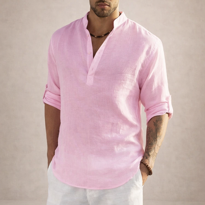 Men's Linen Shirt | Breathable Stand Collar Long Sleeve