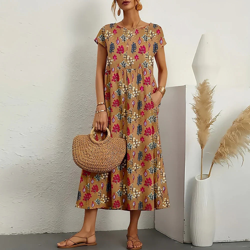 Women's Cotton Linen Blend Midi Dress | Relaxed Cap Sleeve Style