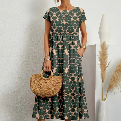 Women's Cotton Linen Blend Midi Dress | Relaxed Cap Sleeve Style