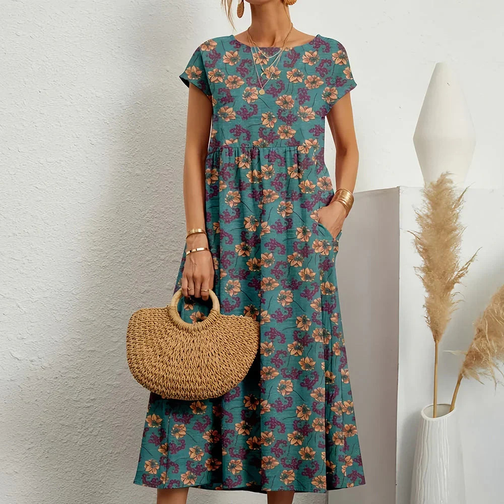 Women's Cotton Linen Blend Midi Dress | Relaxed Cap Sleeve Style