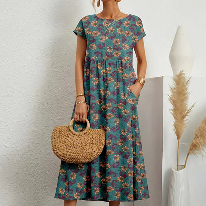 Women's Cotton Linen Blend Midi Dress | Relaxed Cap Sleeve Style