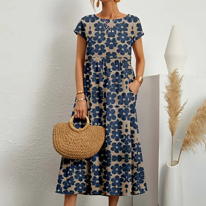 Women's Cotton Linen Blend Midi Dress | Relaxed Cap Sleeve Style