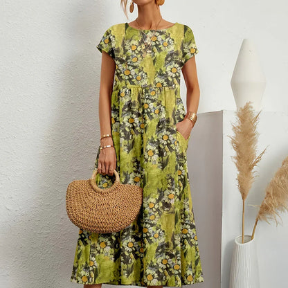 Women's Cotton Linen Blend Midi Dress | Relaxed Cap Sleeve Style
