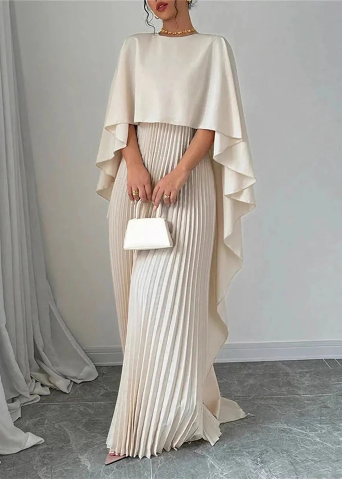 Women's Cape Overlay Maxi Gown | Pleated Wedding Guest Style
