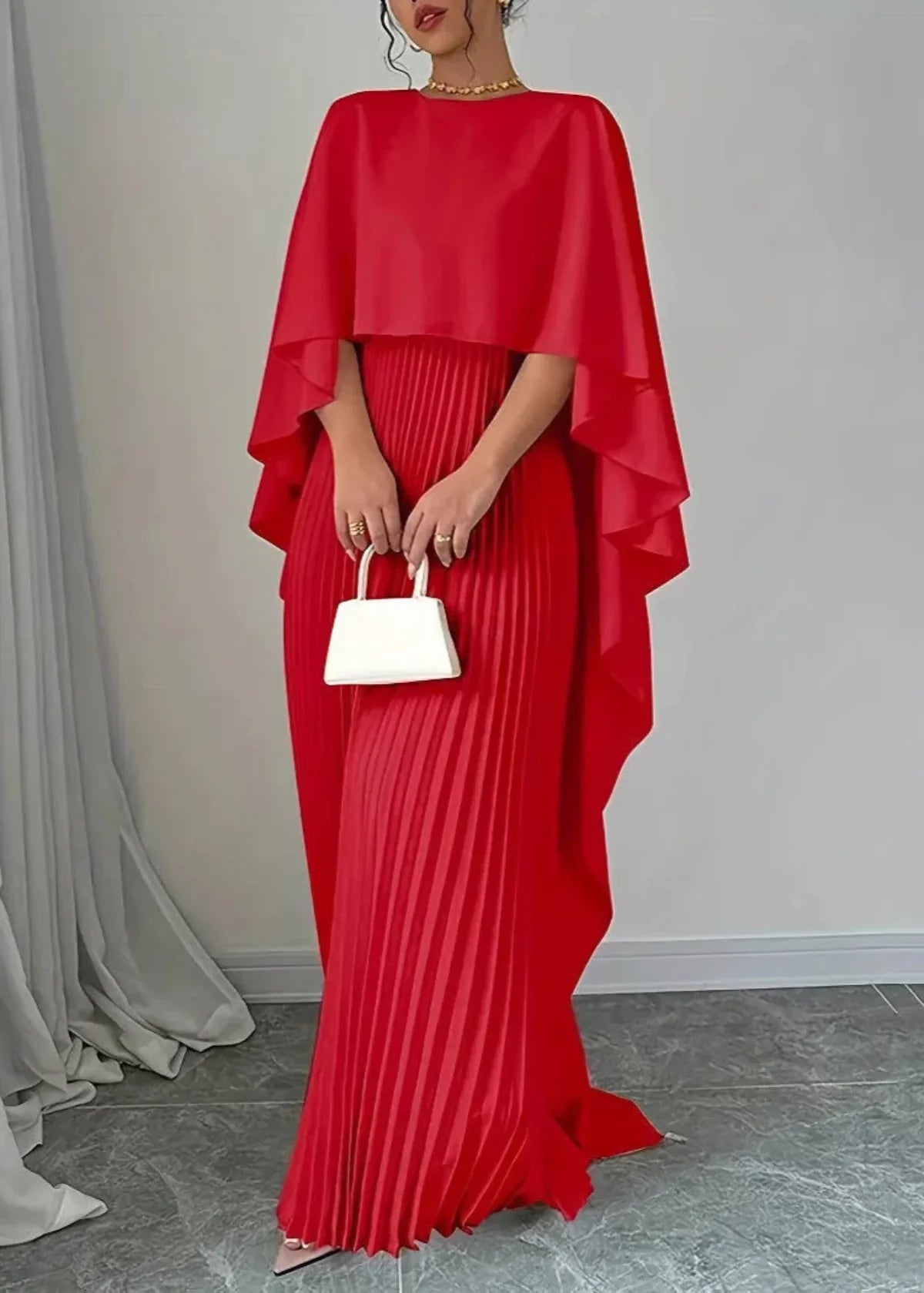 Women's Cape Overlay Maxi Gown | Pleated Wedding Guest Style