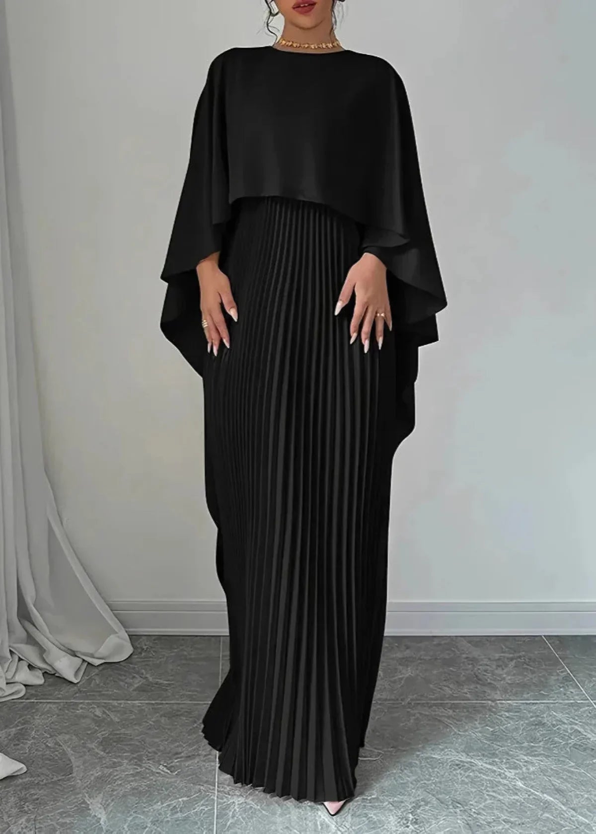 Women's Cape Overlay Maxi Gown | Pleated Wedding Guest Style