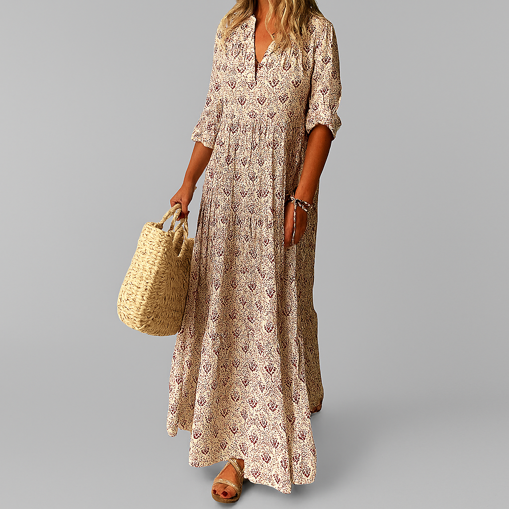 Women's Vintage Print Cotton Blend Maxi Dress | Breezy V-Neck Style