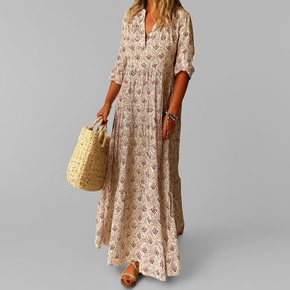 Women's Vintage Print Cotton Blend Maxi Dress | Breezy V-Neck Style