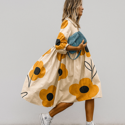 Women's A-Line Midi Dress | Puff Sleeve Oversized Fit