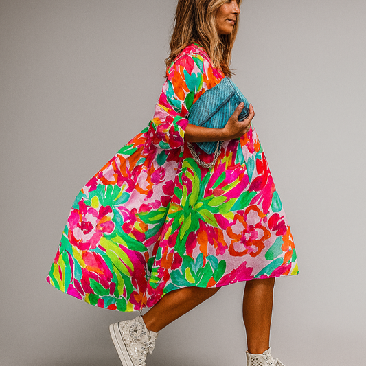 Women's A-Line Midi Dress | Puff Sleeve Oversized Fit