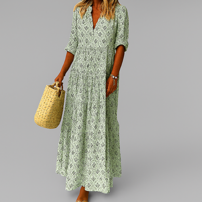 Women's Vintage Print Cotton Blend Maxi Dress | Breezy V-Neck Style