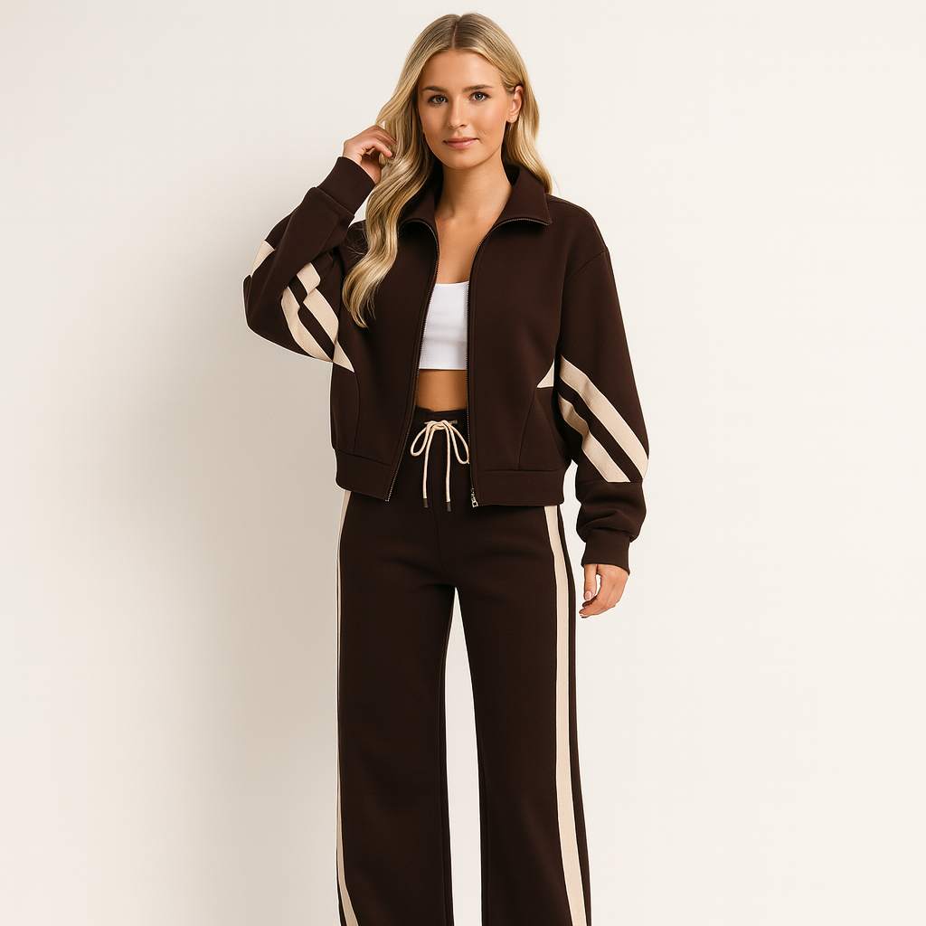 Women's Two-Piece Tracksuit Set | Contrast Stripe Sporty Style