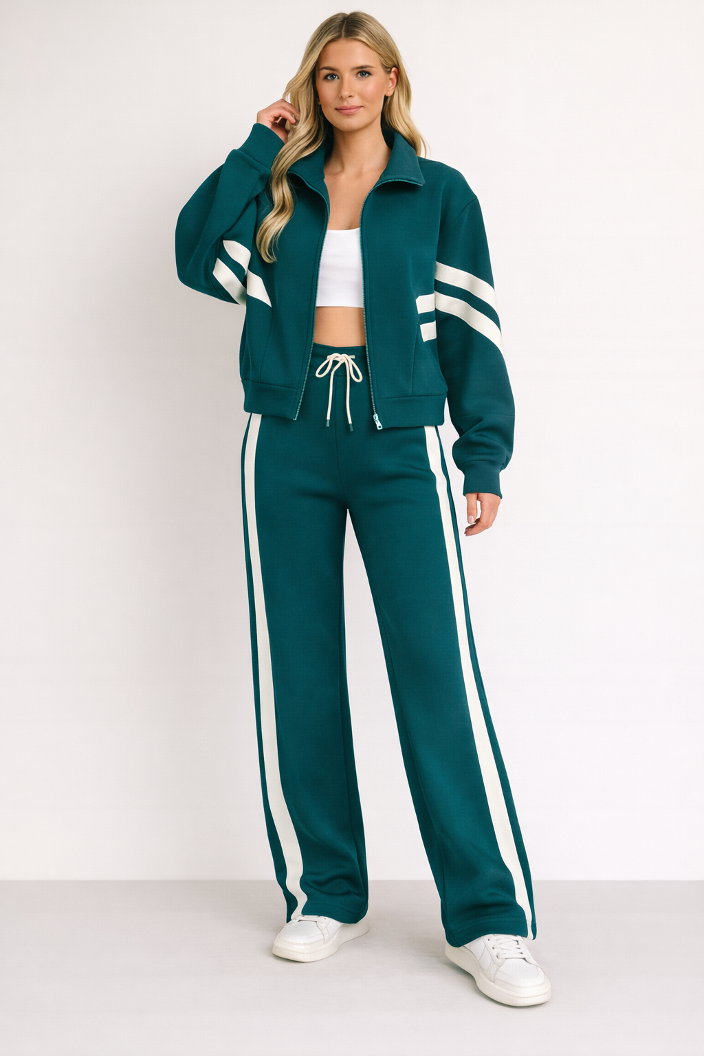 Women's Two-Piece Tracksuit Set | Contrast Stripe Sporty Style