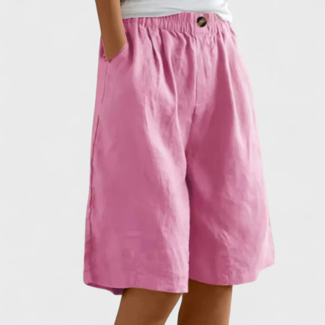 Women's Wide Leg Linen Blend Shorts | Elastic Waist & Pockets