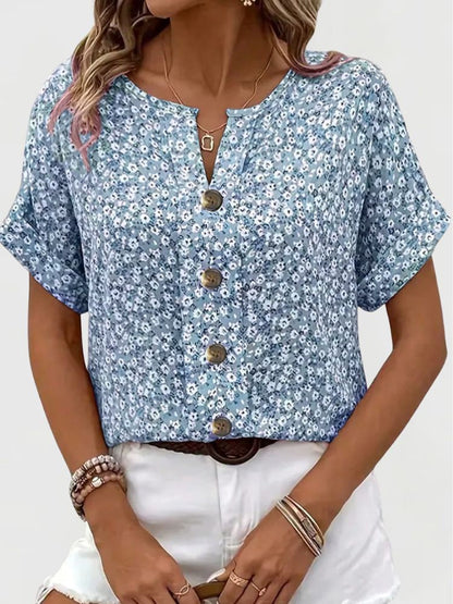 Women's Floral Print Summer Blouse | Button Front Short Sleeve