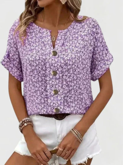 Women's Floral Print Summer Blouse | Button Front Short Sleeve