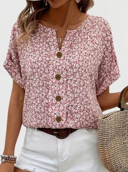 Women's Floral Print Summer Blouse | Button Front Short Sleeve