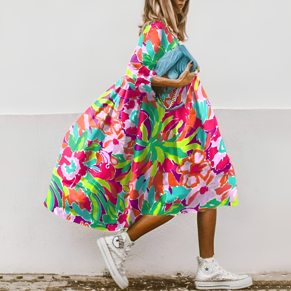 Women's A-Line Midi Dress | Puff Sleeve Oversized Fit