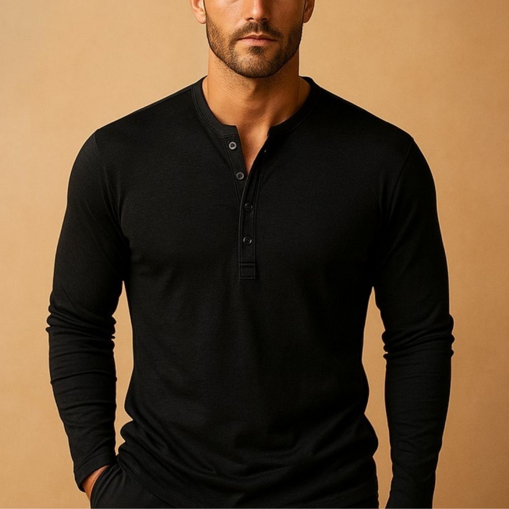 Men's Long Sleeve Henley Top | Slim Fit Cotton Blend Casual Shirt