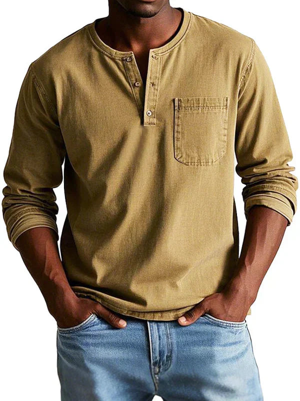 Men's Long Sleeve Henley Shirt | Button Placket & Chest Pocket