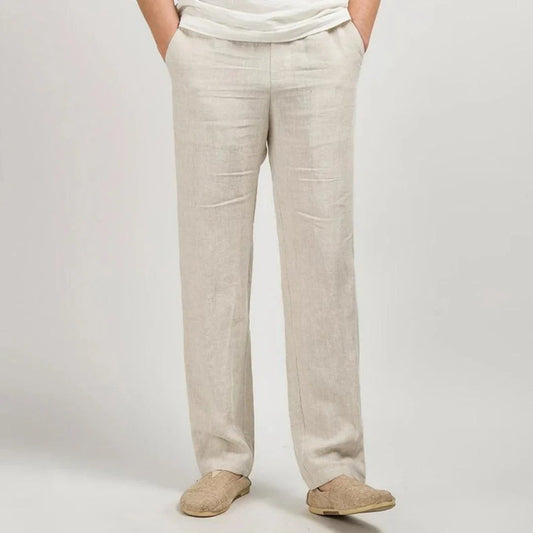 Men's Linen Style Summer Trousers | Elastic Waist Straight Leg