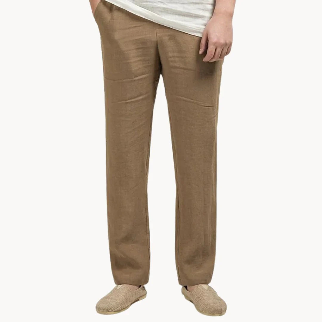Men's Linen Style Summer Trousers | Elastic Waist Straight Leg