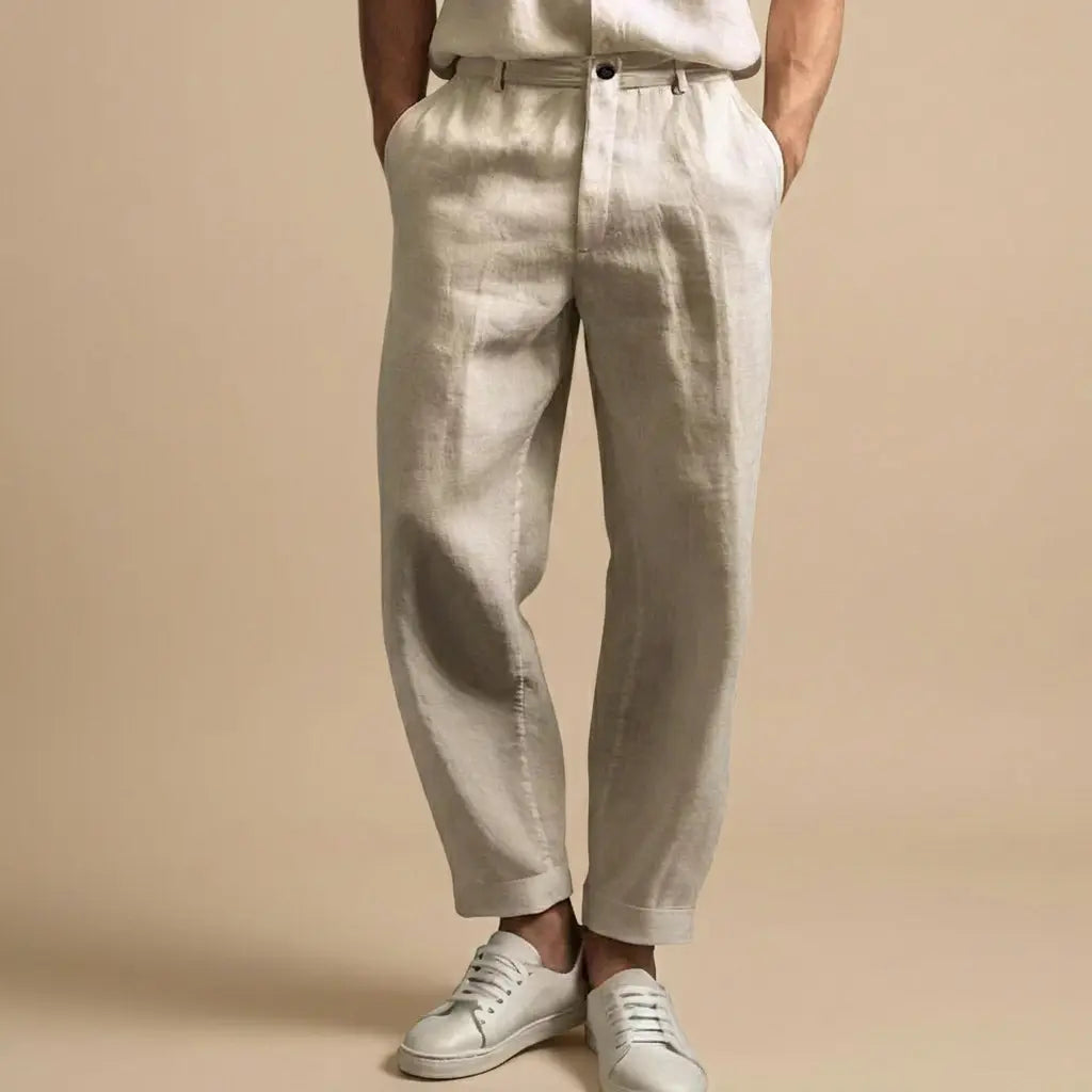 Men's Linen Style Trousers | Button Fly & Cuffed Hem