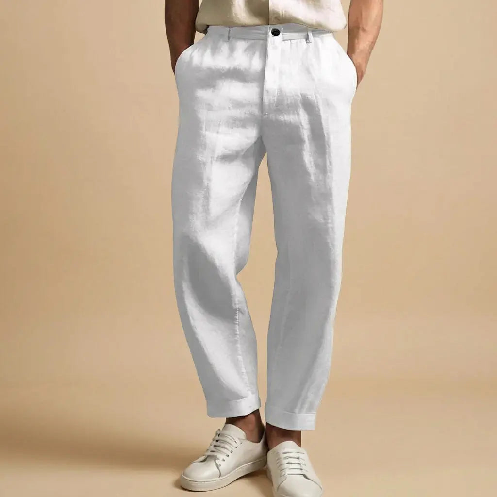 Men's Linen Style Trousers | Button Fly & Cuffed Hem