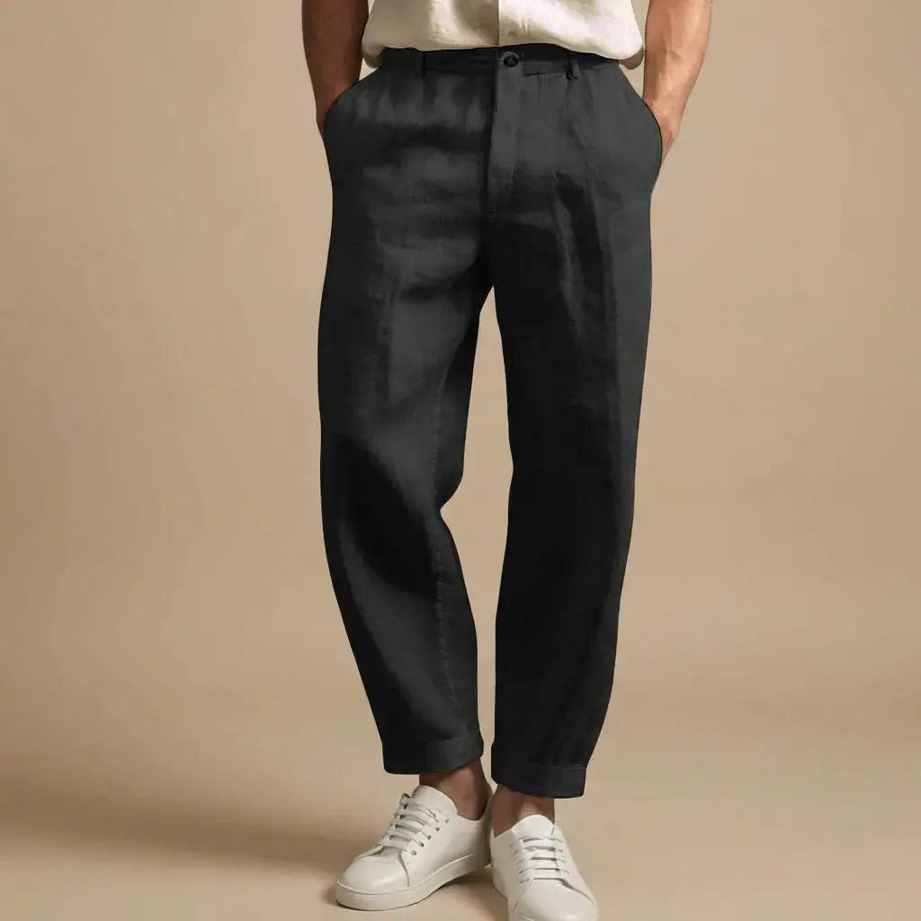 Men's Linen Style Trousers | Button Fly & Cuffed Hem