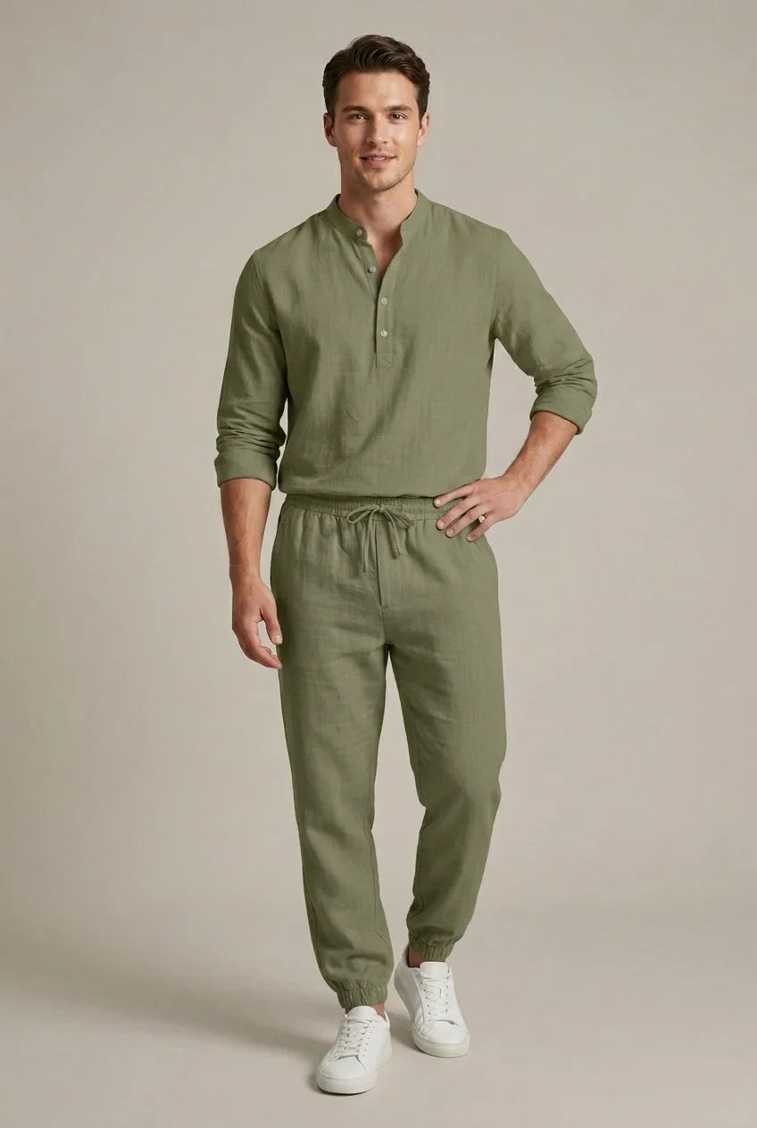 Men's Linen Blend Two-Piece Set | Shirt & Jogger Summer Outfit