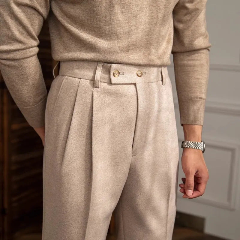 Men's High Waist Pleated Trousers | Smart Casual Straight Fit