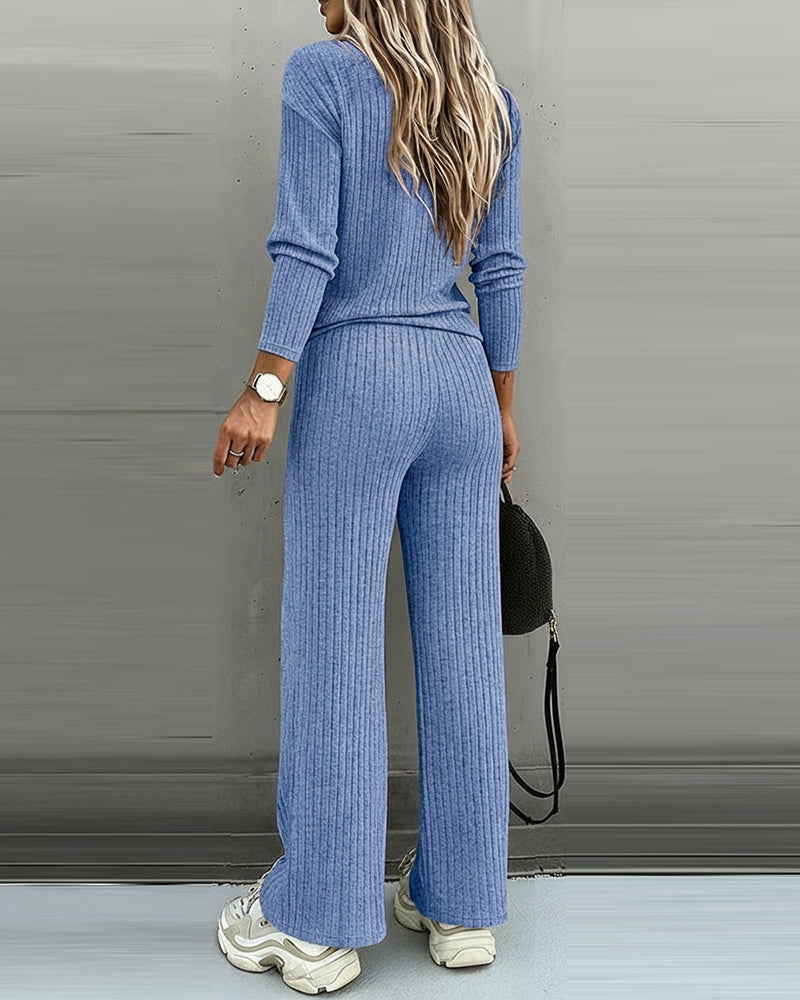 Women's Ribbed V-Neck Knit Co-Ord Set | Long Sleeve & Straight Leg Style