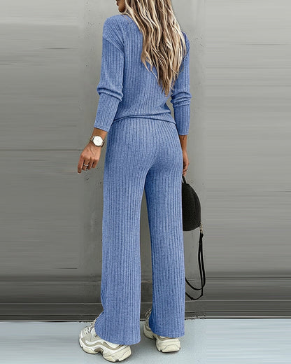 Women's Ribbed V-Neck Knit Co-Ord Set | Long Sleeve & Straight Leg Style