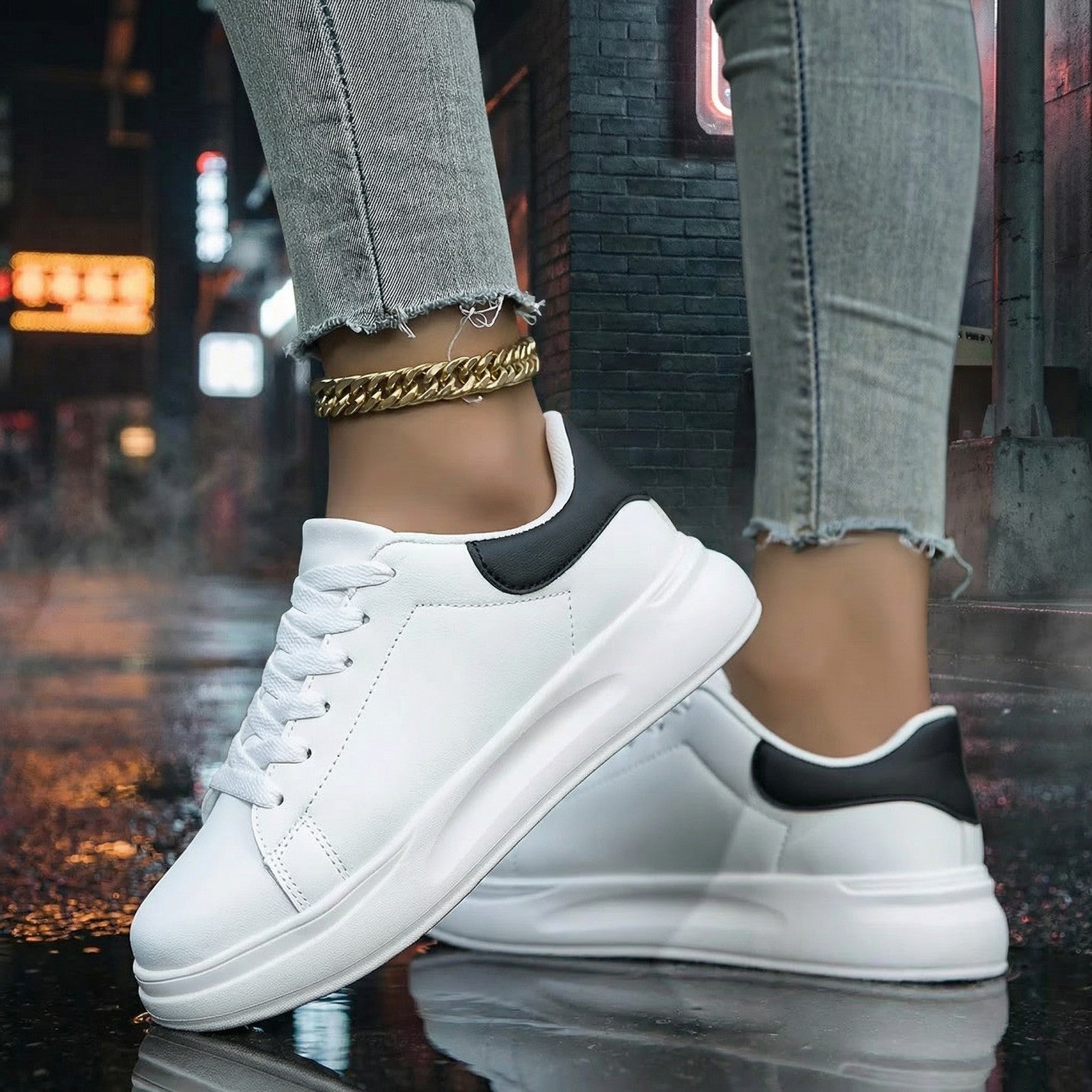 Women's Ergonomic White Leather Style Sneakers | Comfortable Footwear